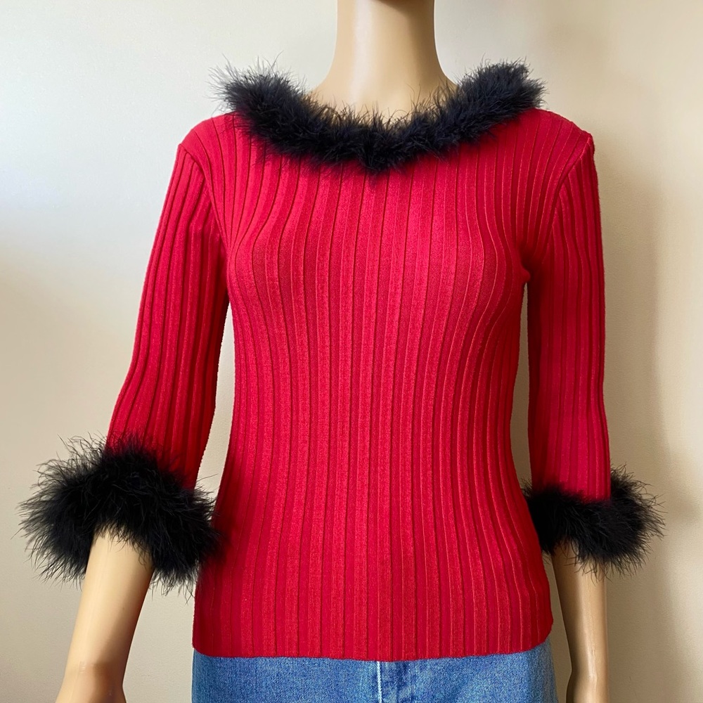 Vintage Chesley Ribbed Red Sweater Faux Fur